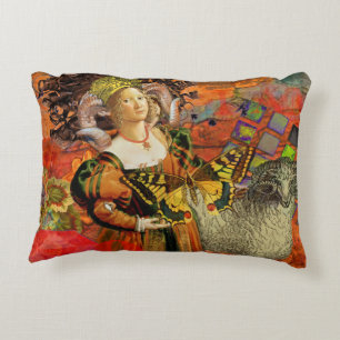 Aries Orange Woman: Gothic Ram Antique Art Collage Decorative Pillow