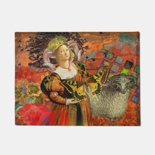Aries Orange Woman: Gothic Ram Antique Art Collage Doormat