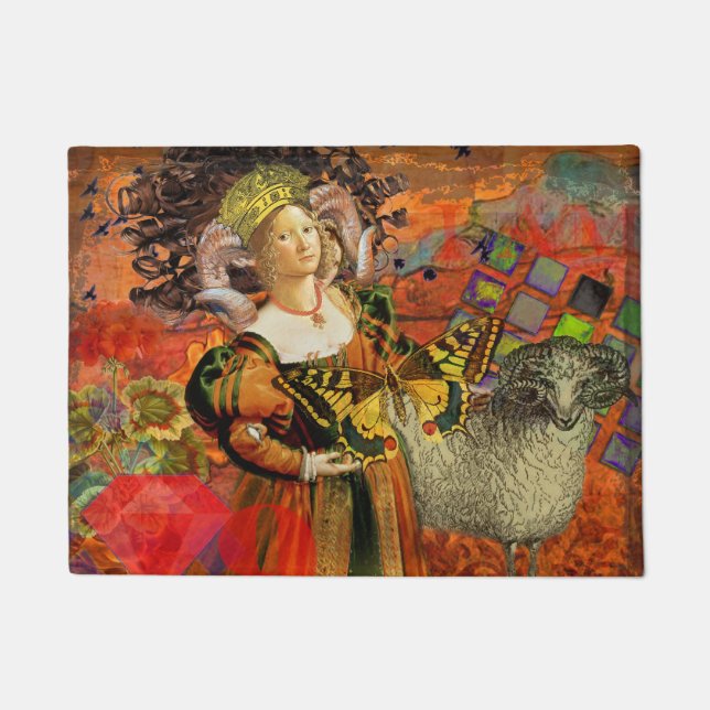 Aries Orange Woman: Gothic Ram Antique Art Collage Doormat (Front)