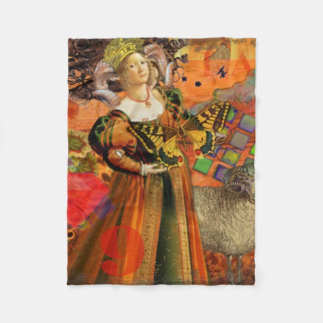 Aries Orange Woman: Gothic Ram Antique Art Collage Fleece Blanket (Front)