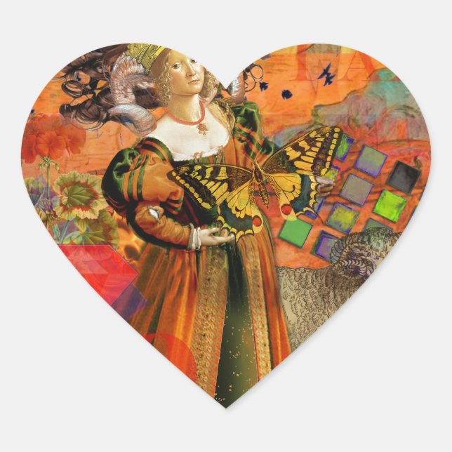 Aries Orange Woman: Gothic Ram Antique Art Collage Heart Sticker (Front)