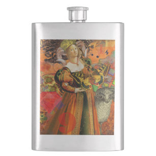Aries Orange Woman: Gothic Ram Antique Art Collage Hip Flask
