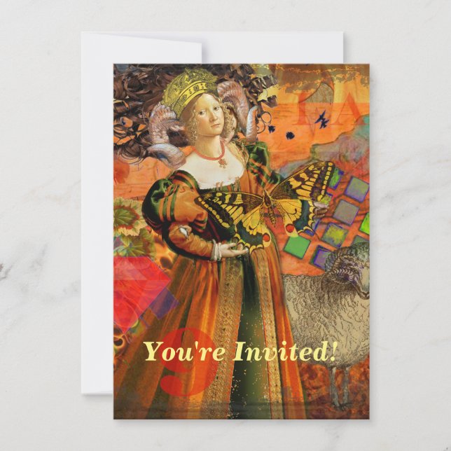 Aries Orange Woman: Gothic Ram Antique Art Collage Invitation (Front)