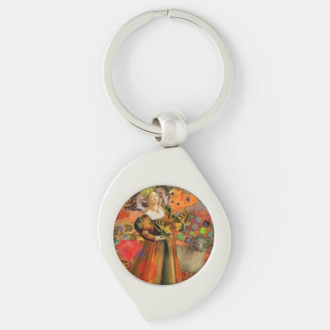 Aries Orange Woman: Gothic Ram Antique Art Collage Keychain (Front)