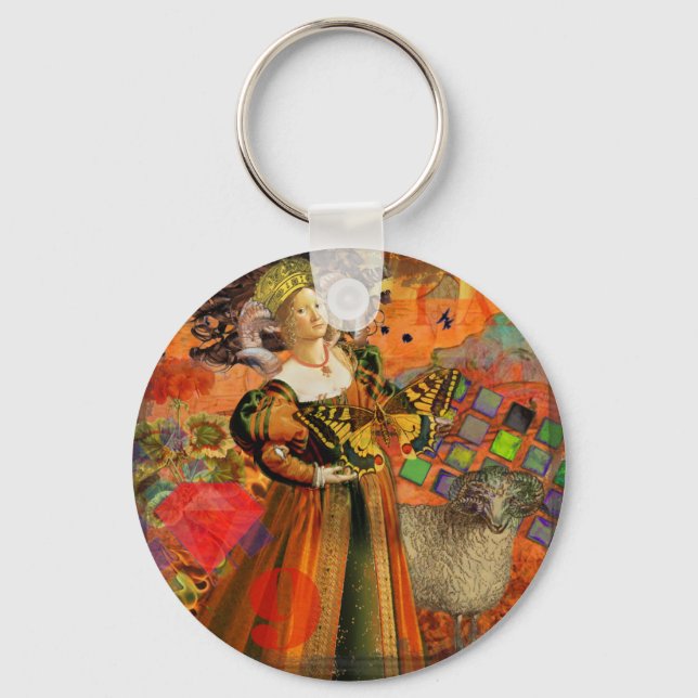 Aries Orange Woman: Gothic Ram Antique Art Collage Keychain (Front)