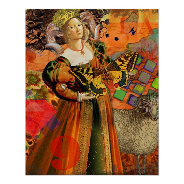 Aries Orange Woman: Gothic Ram Antique Art Collage Poster (Front)
