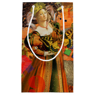 Aries Orange Woman: Gothic Ram Antique Art Collage Small Gift Bag