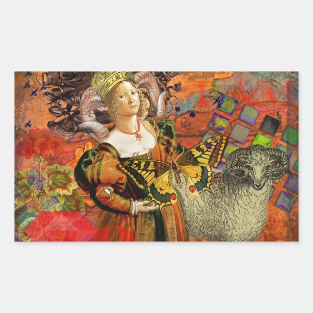 Aries Orange Woman: Gothic Ram Antique Art Collage Sticker (Front)
