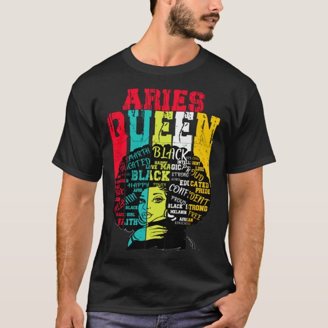 Aries Queen Aries Pride  Black Woman Afro Horoscop T-Shirt (Front)