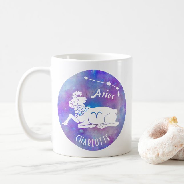 Aries Ram Constellation Stars Custom Name Birthday Coffee Mug (With Donut)