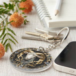 Aries Ram, Diamond and Gold Personalized Keychain