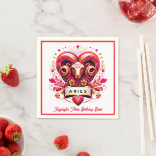 Aries Ram Pink and Orange Zodiac Birthday Napkin