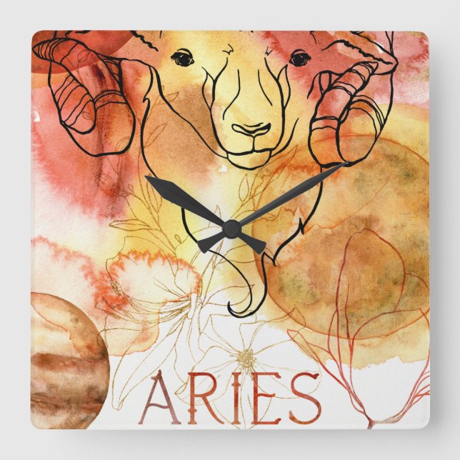 Aries ram zodiac astrology birthday gold red square wall clock (Front)