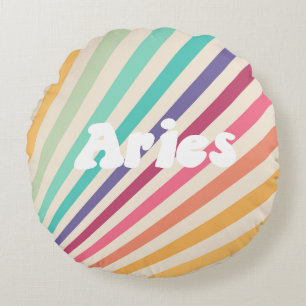 Aries Retro Rainbow Zodiac Astrology Round Pillow