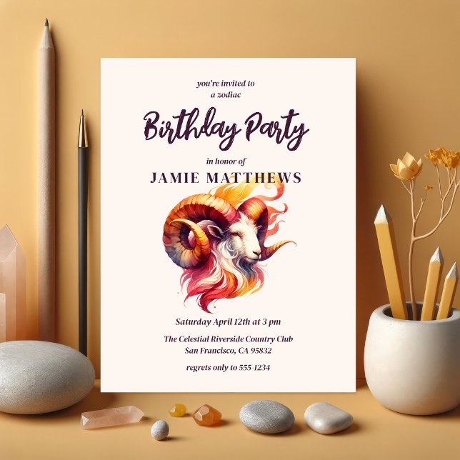 Aries Watercolor Ram Zodiac Themed Birthday Party Invitation Postcard (Watercolor Aries Zodiac-Themed Birthday Party Suite | Postcard Invitations Shown Here)