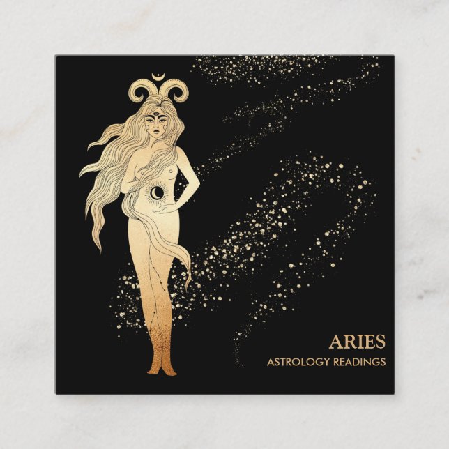 *~* ARIES Zodiac Astrology Reading Gold  Black Square Business Card (Front)