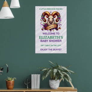 Aries Zodiac Baby Shower Lavender and Green Poster