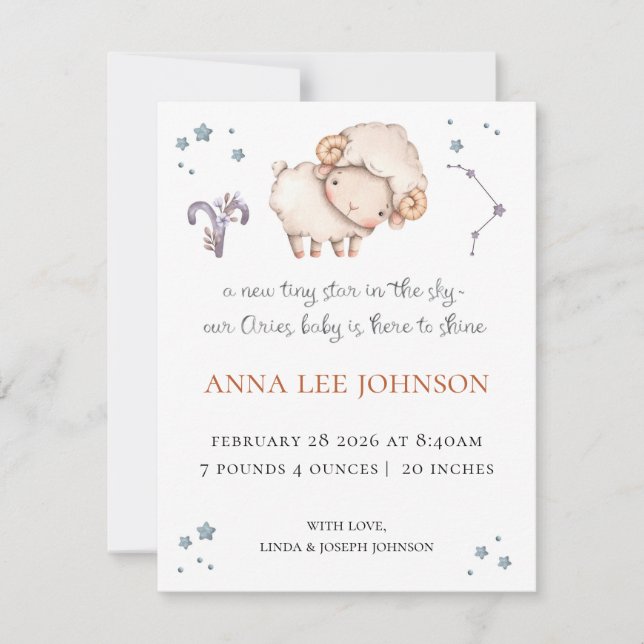 Aries Zodiac Birth Announcement (Front)