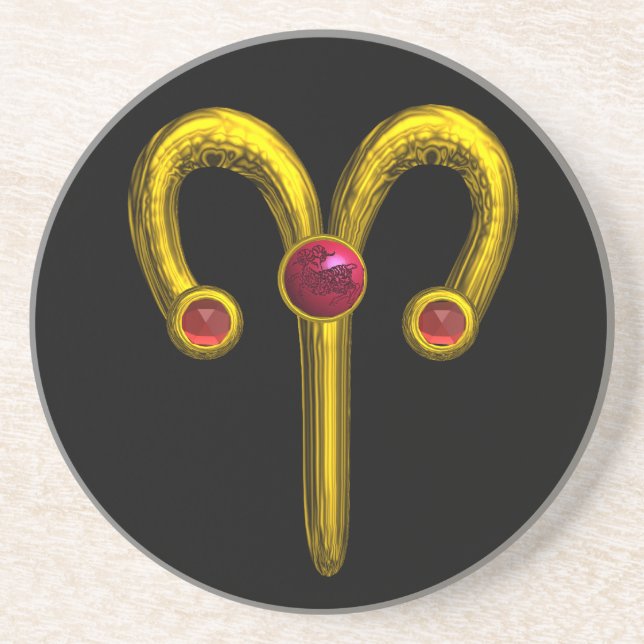 ARIES ZODIAC BIRTHDAY JEWEL RED RUBY,Gold ,Black Coaster (Front)