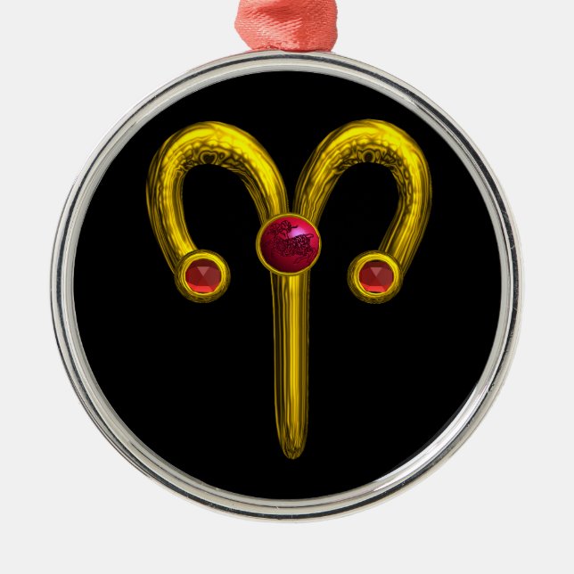 ARIES ZODIAC BIRTHDAY JEWEL Red Ruby Gold Metal Ornament (Front)