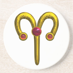ARIES ZODIAC BIRTHDAY JEWEL RED RUBY,Gold ,white Coaster