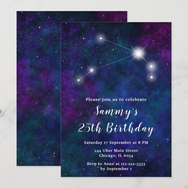 Aries Zodiac Constellation Birthday Party Invitation (Front/Back)