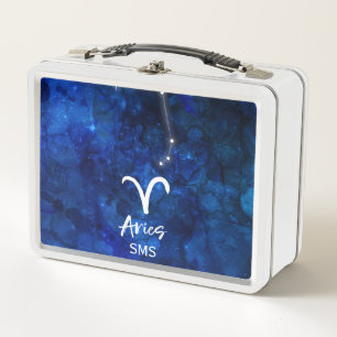Aries Zodiac Constellation Blue Galaxy Monogram Metal Lunch Box