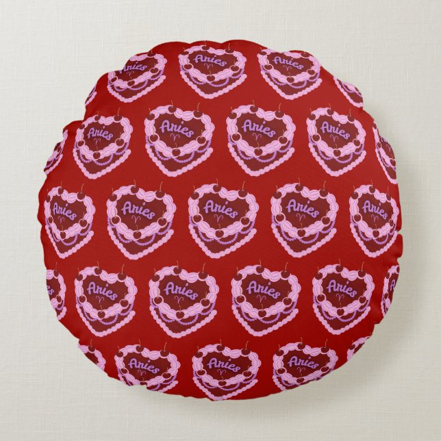 Aries Zodiac Coquette Heart Birthday Cake Round Pillow (Front)