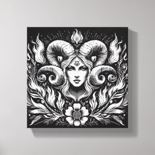 Aries Zodiac Goddess with Ram Horns – Mystical  Canvas Print