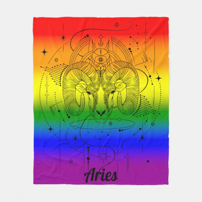 Aries Zodiac LGBTQ Pride Rainbow Design Fleece Blanket (Front)