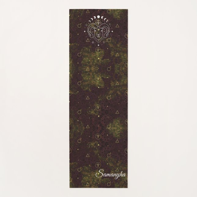 Aries Zodiac Personalized Purple Gold Oriental  Yoga Mat (Front)