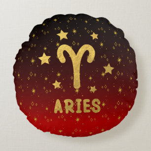 Aries Zodiac Red and Gold Round Pillow