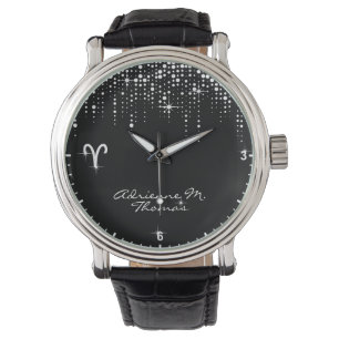 Aries Zodiac Sign Dripping Glitter Rain Sequins Watch