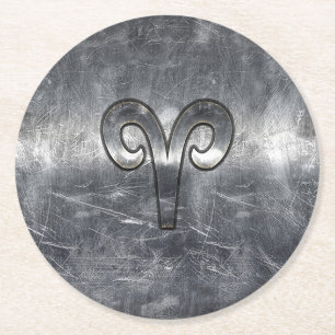 Aries Zodiac Sign in Grunge Distressed Style Round Paper Coaster