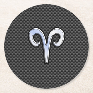 Aries Zodiac Sign on Carbon Fibre Style Round Paper Coaster