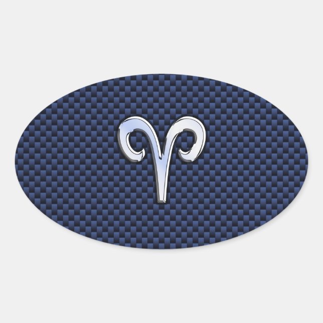 Aries Zodiac Sign on Navy Blue Carbon Fibre Print Oval Sticker (Front)