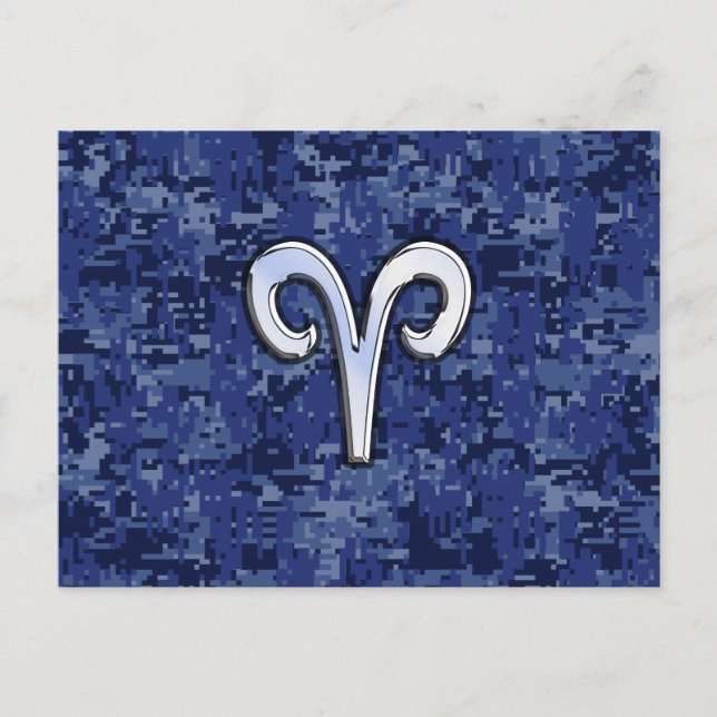 Aries Zodiac Sign on Navy Blue Digital Camo Decor Postcard (Front)