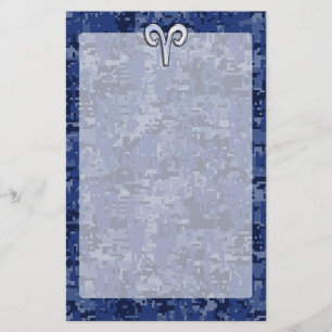 Aries Zodiac Sign on Navy Blue Digital Camo Decor Stationery