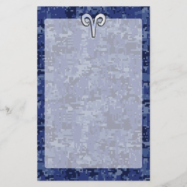 Aries Zodiac Sign on Navy Blue Digital Camo Decor Stationery (Front)