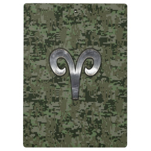 Aries Zodiac Sign on Woodland Green Digital Camo Clipboard