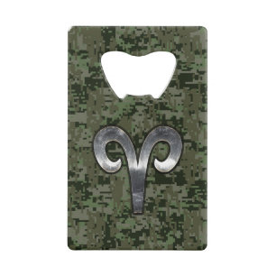 Aries Zodiac Sign on Woodland Green Digital Camo Credit Card Bottle Opener