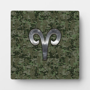 Aries Zodiac Sign on Woodland Green Digital Camo Plaque