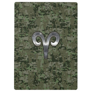 Aries Zodiac Sign on Woodland Style Digital Camo Clipboard
