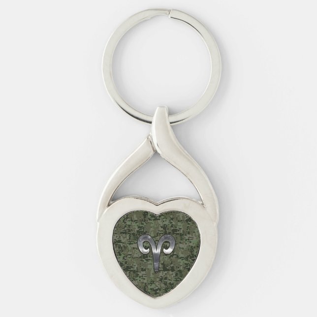 Aries Zodiac Sign on Woodland Style Digital Camo Keychain (Front)