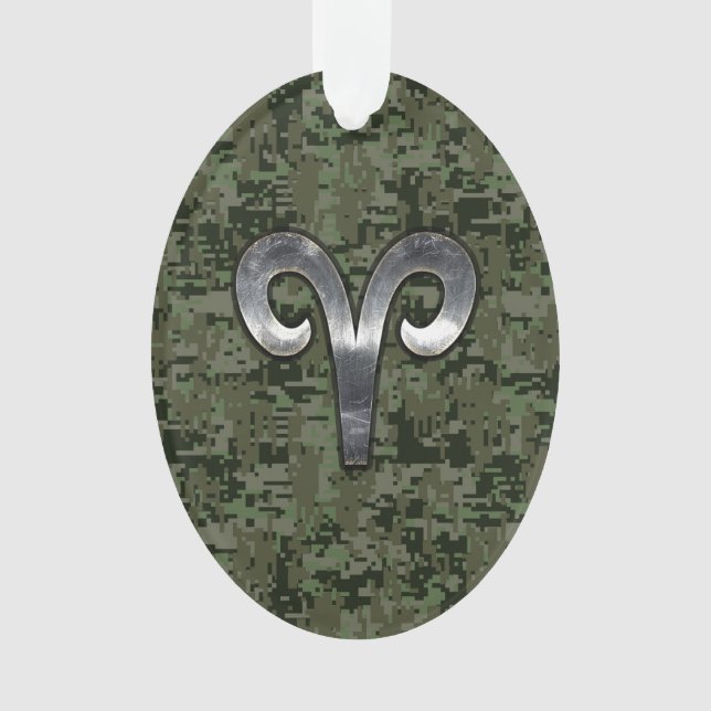 Aries Zodiac Sign on Woodland Style Digital Camo Ornament (Front)