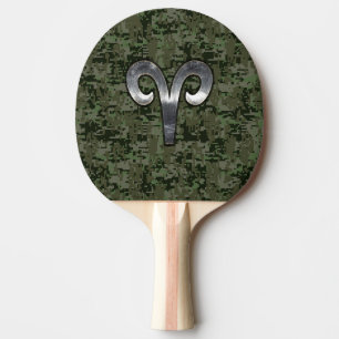 Aries Zodiac Sign on Woodland Style Digital Camo Ping Pong Paddle