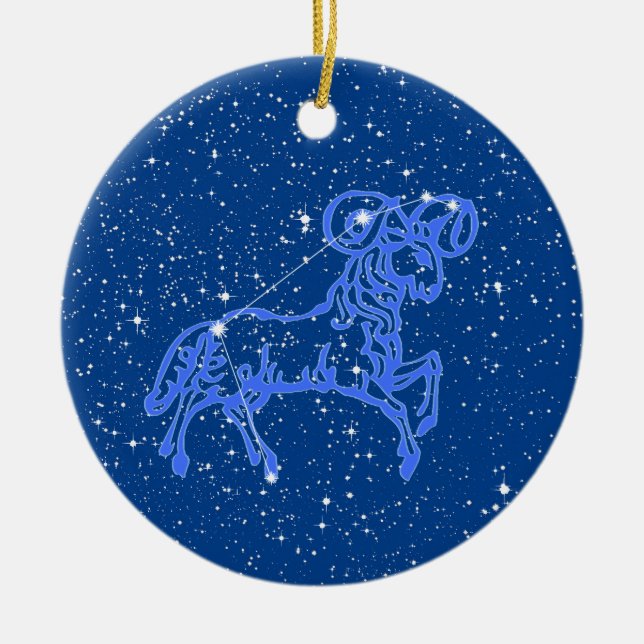 Aries Zodiac Sign with Stars on Deep Blue Ceramic  Ornament (Front)