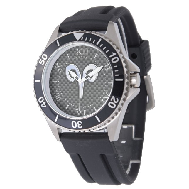 Aries Zodiac Symbol Black Carbon Fibre Dial Watch (Angled)