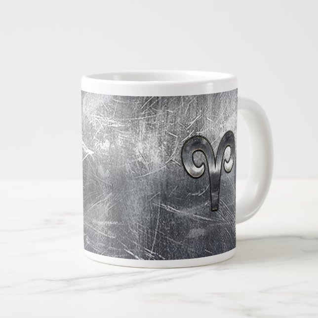 Aries Zodiac Symbol in Silver Distressed Style Large Coffee Mug (Front Right)