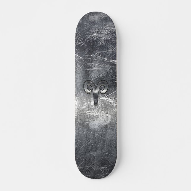 Aries Zodiac Symbol in Silver Distressed Style Skateboard (Front)